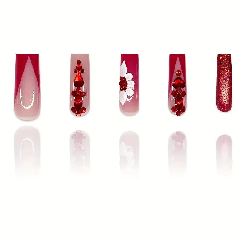 Sweet Flowers pattern false nails with red diamonds in long European Square style