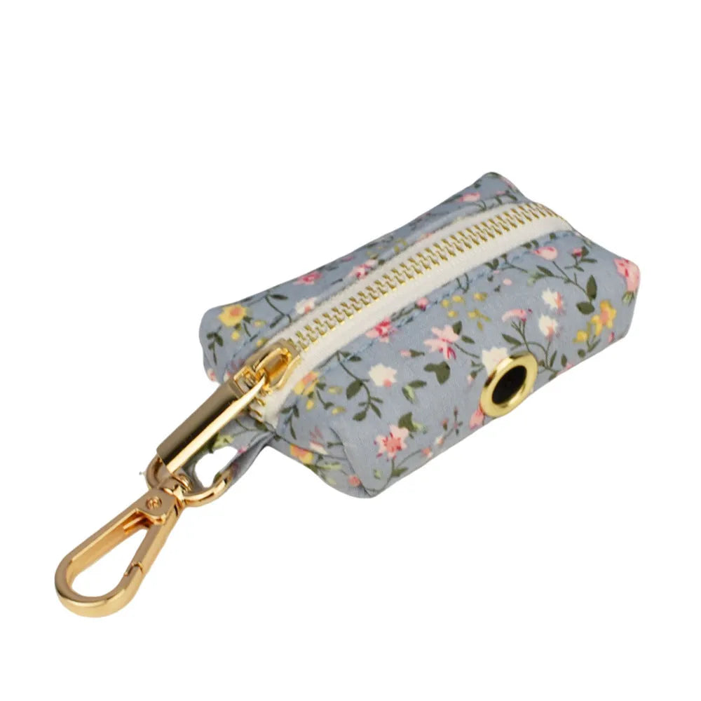 Blue floral patterned polyester cotton dog collar with adjustable fastener and coordinating accessories