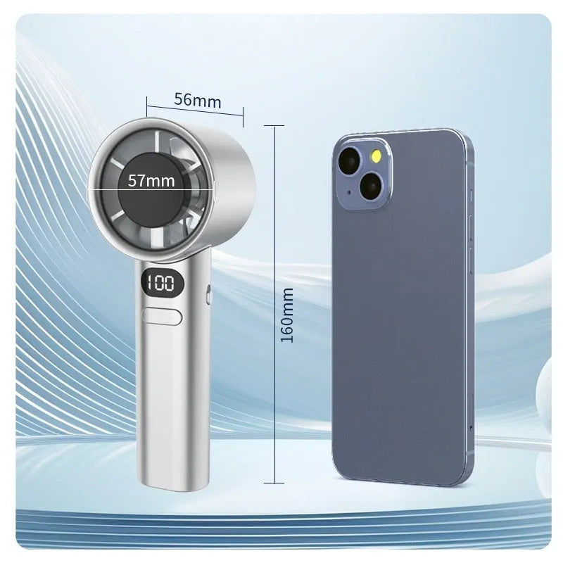 Handheld USB fan with brushless motor showing 120 speed settings and 1800mAh battery capacity