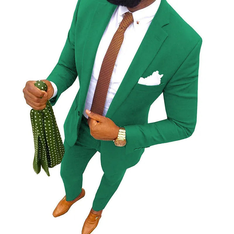 Man wearing a purple cotton two-piece suit jacket and trousers set.
