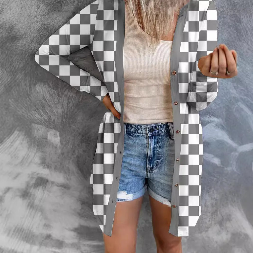 Women's long grey plaid knitted cardigan coat with regular sleeves on a hanger