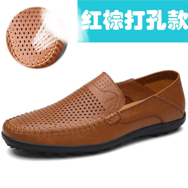 Men's round-toe casual leather shoes in cowhide with flat rubber sole, shown in black and brown colour options.