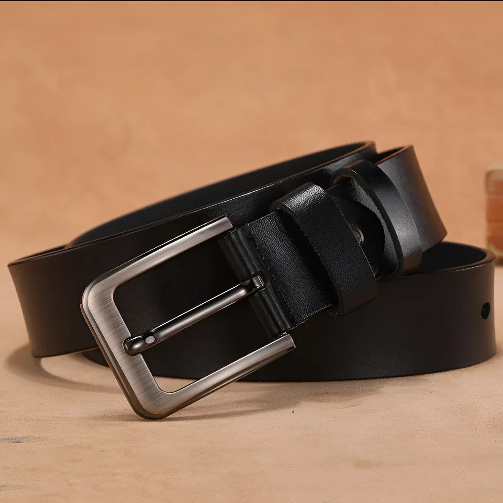 Square-head pin buckle jeans strap belt in black or brown with alloy laser buckle