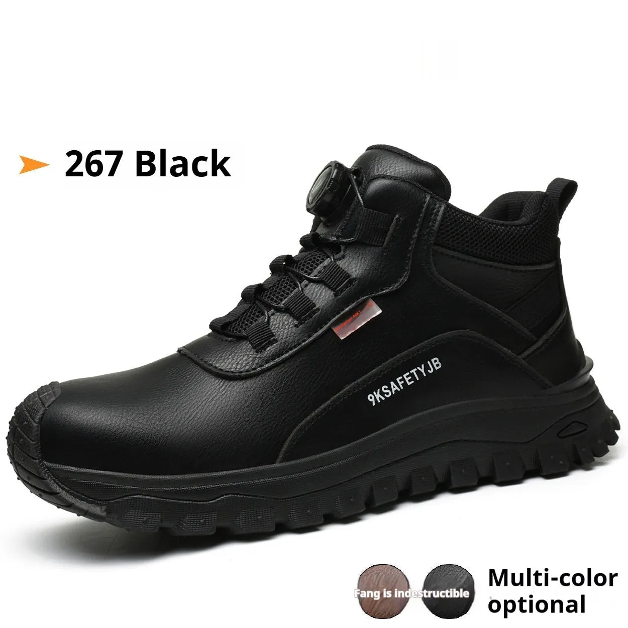 Men's Flyknit leather work safety shoes with a rubber sole in black, shown in a side profile.