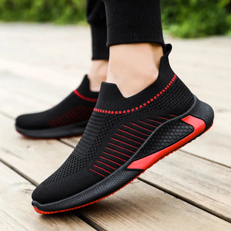 Men's striped mesh sock shoes with flyknit upper and lace-up front