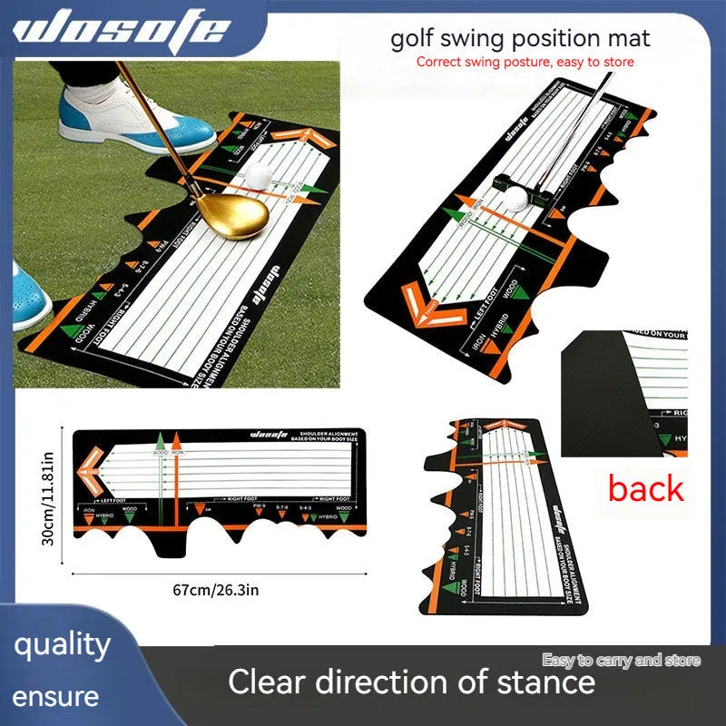 Black neoprene golf swing stance alignment pad with directional markings for training.