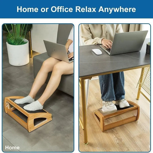 Adjustable bamboo wooden footstool in natural wood colour for office desk use