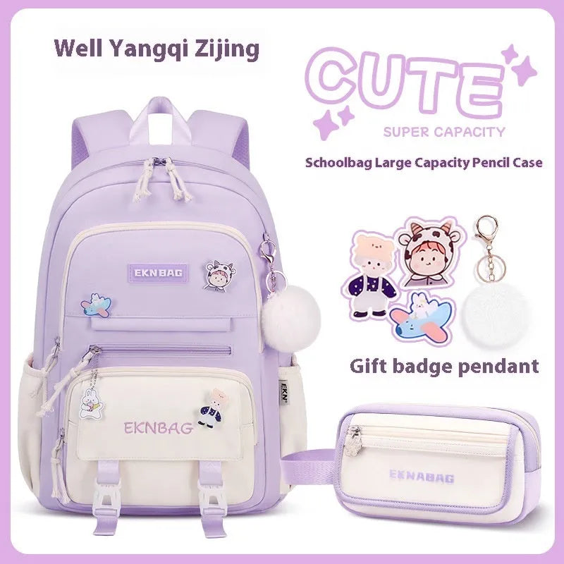 Girls' school backpack in Oxford cloth with curved shoulder straps and spine protection