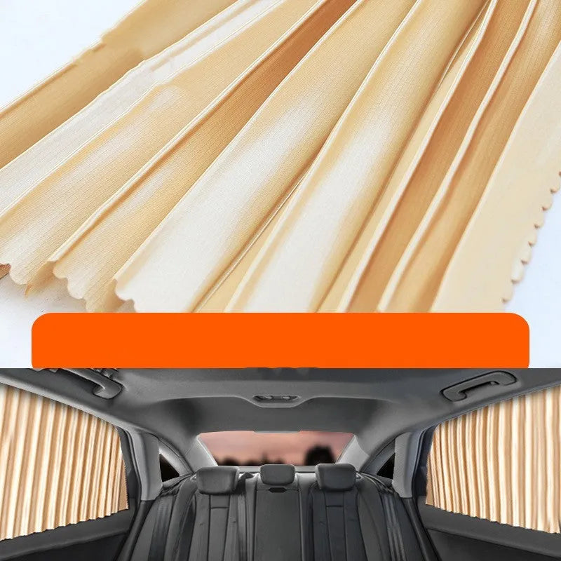Auto retractable car sun curtain in black colour showing roller shutter mechanism