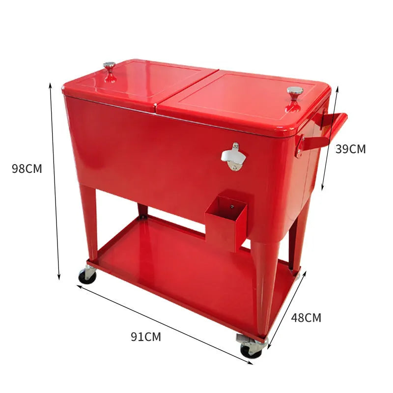 Red metal insulated trolley with 750ml capacity for outdoor picnics and camping