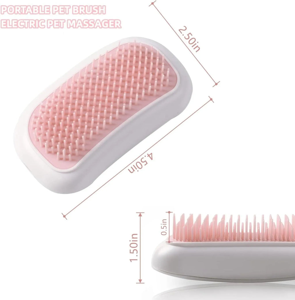 Pink handheld electric pet grooming brush with soft TPE teeth on a white background.