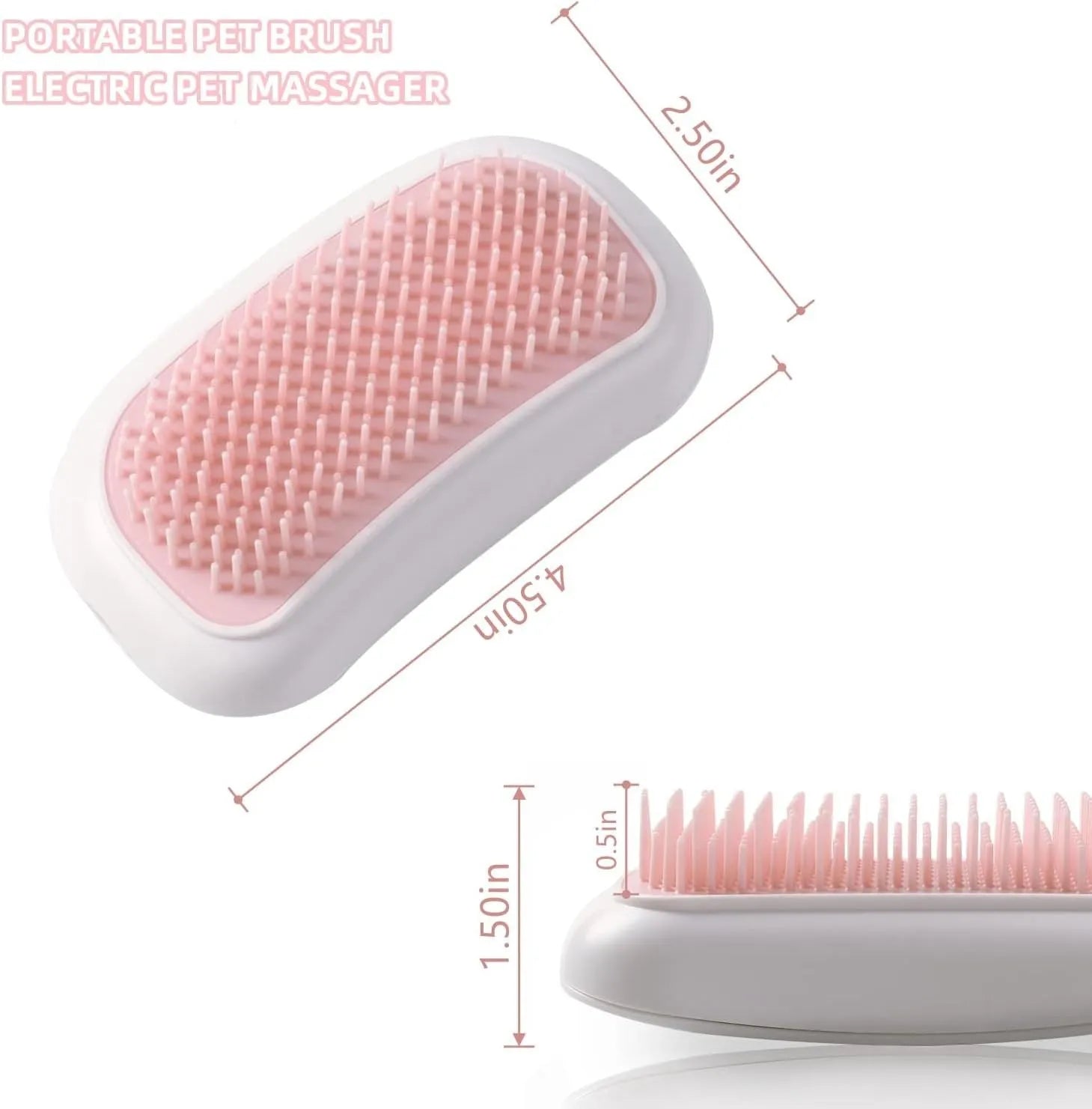 Pink handheld electric pet grooming brush with soft TPE teeth on a white background.