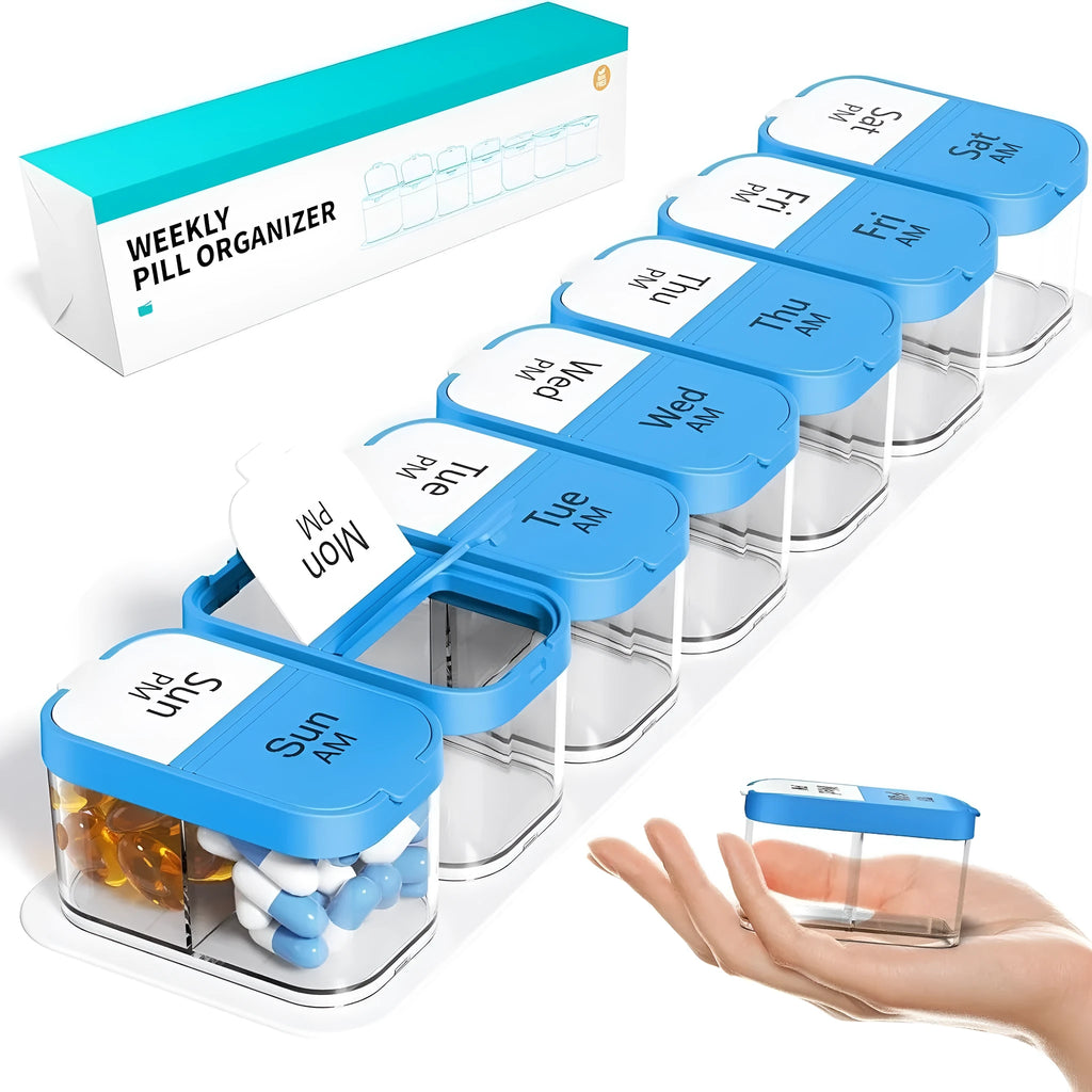 Amazon 14-compartment removable pill box dispenser in white or rainbow colour with extra large 1L capacity