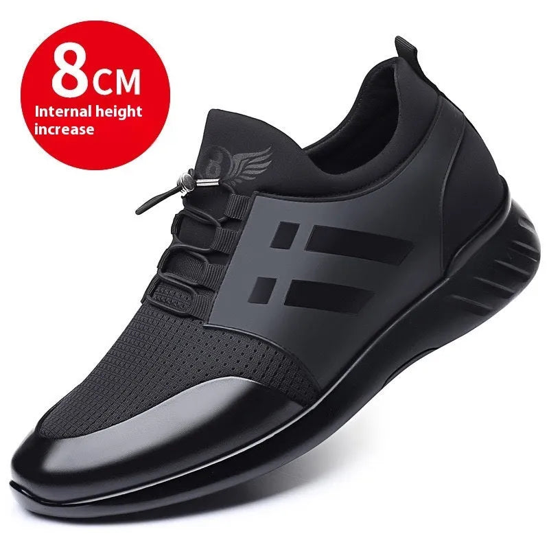 Men's black casual sneakers with a chunky heel for discreet height increase, available in leather or mesh.