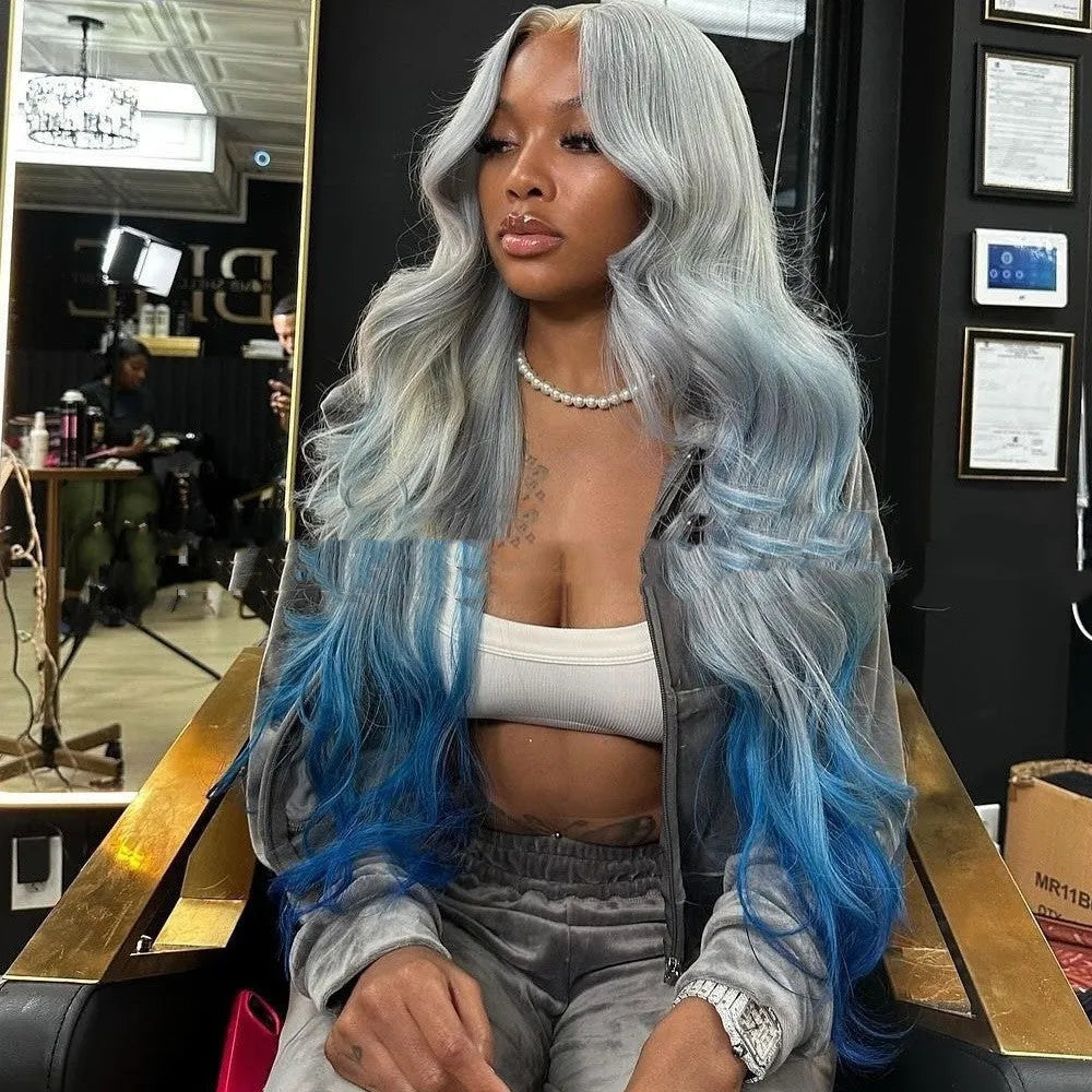Grey blue gradient human hair lace front wig with long ombre waves