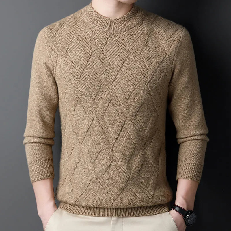Men's winter thermal plus size sweater in wool blend with diamond jacquard texture