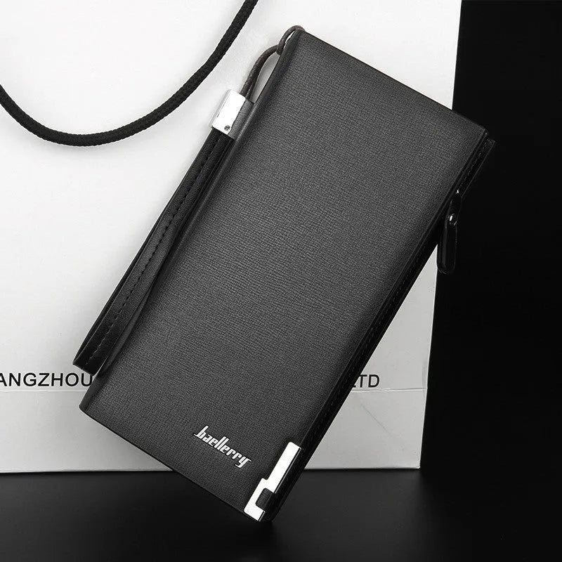 Men's black PU leather zip wallet with waterproof and wear-resistant properties