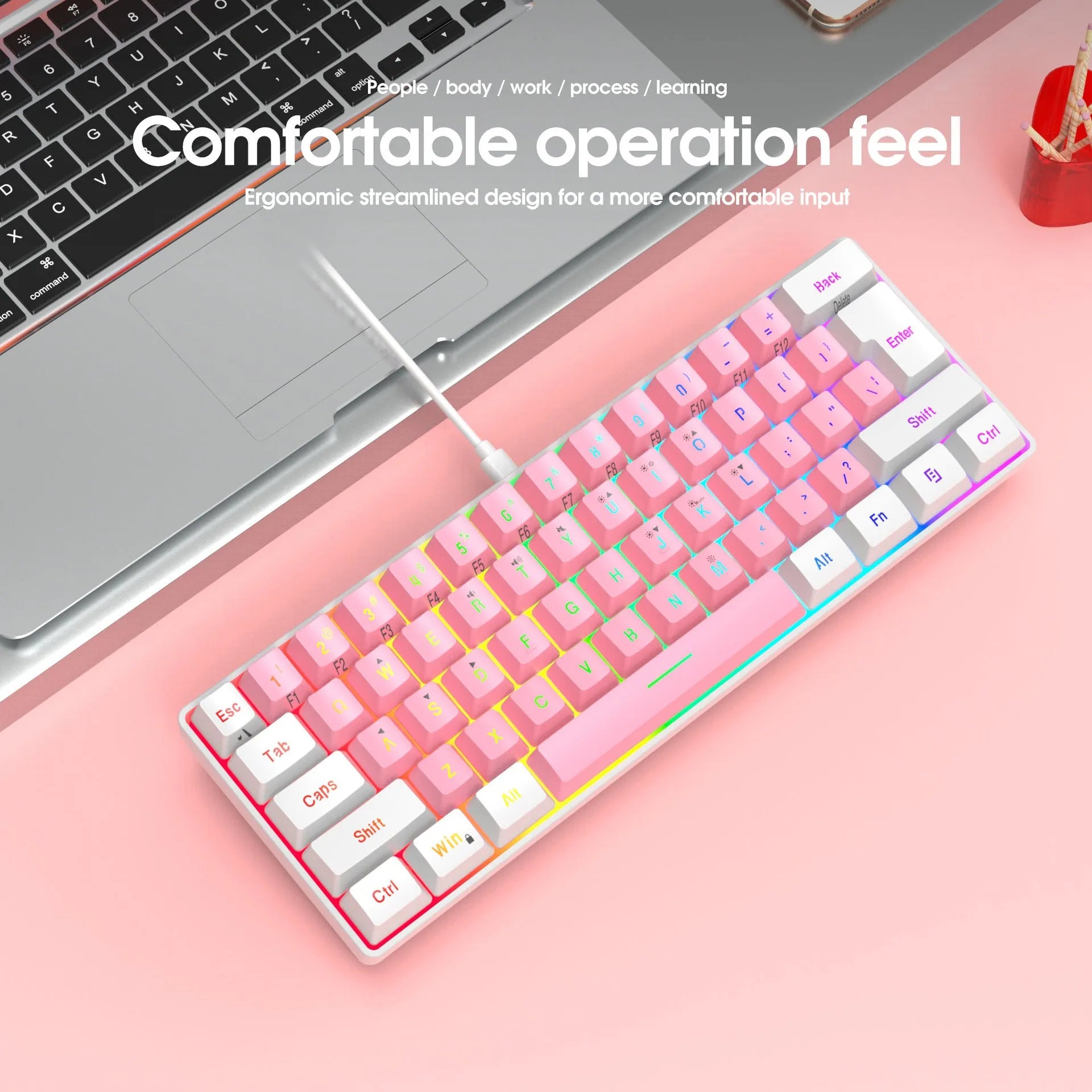 Compact 61-key wired membrane keyboard in white and black colour scheme