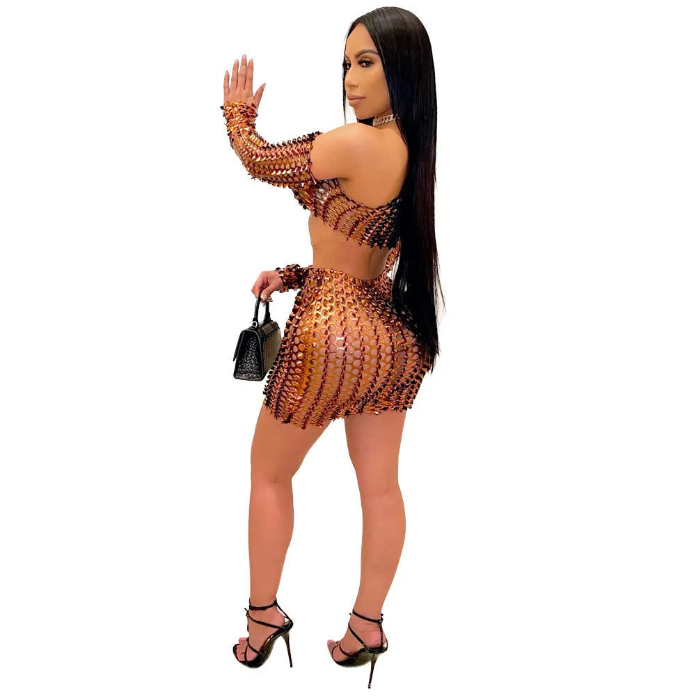Women's hollow-out two-piece dress set with net hole detail on sleeveless top and short skirt