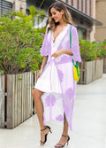 Light purple women's beach dress with lace embroidery detail for swimming and beachwear