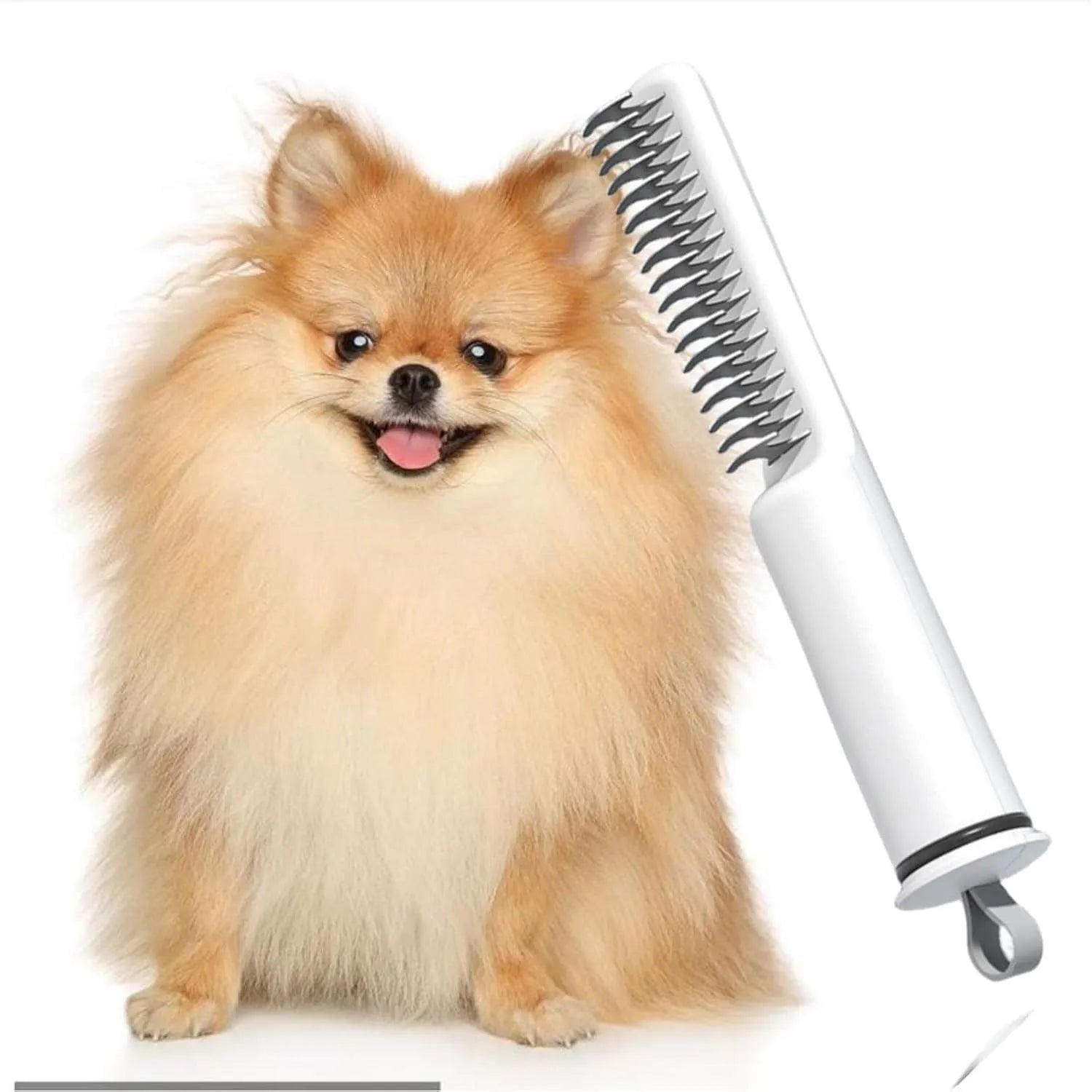 Stainless steel dog dematting comb with a handle, shown in pink and white colour options.