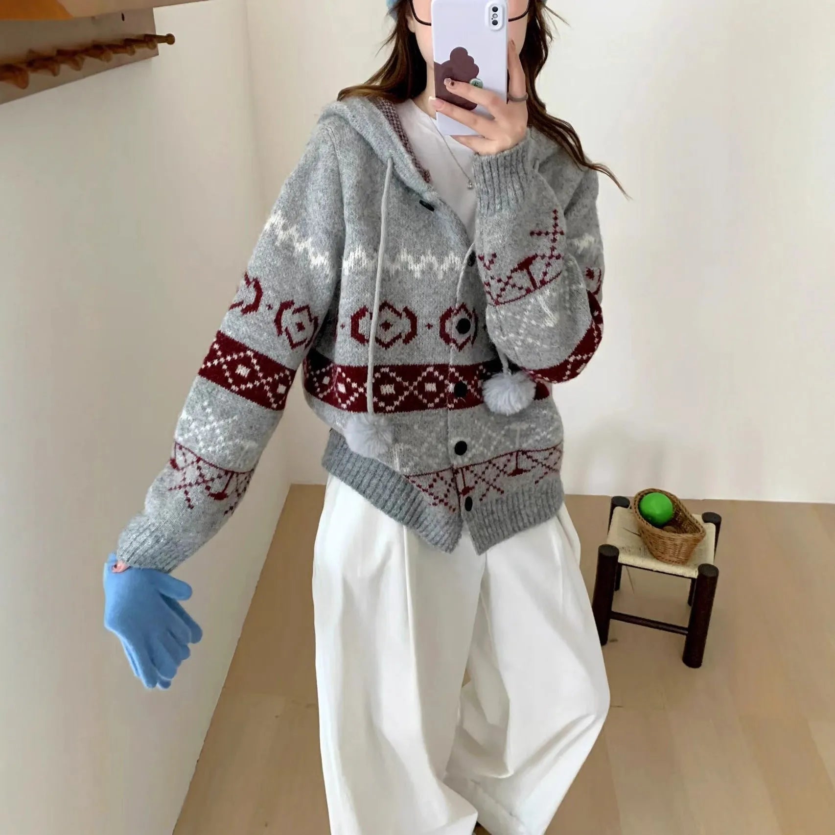Women's loose fit geometric pattern brocade sweater coat in beige, free size.
