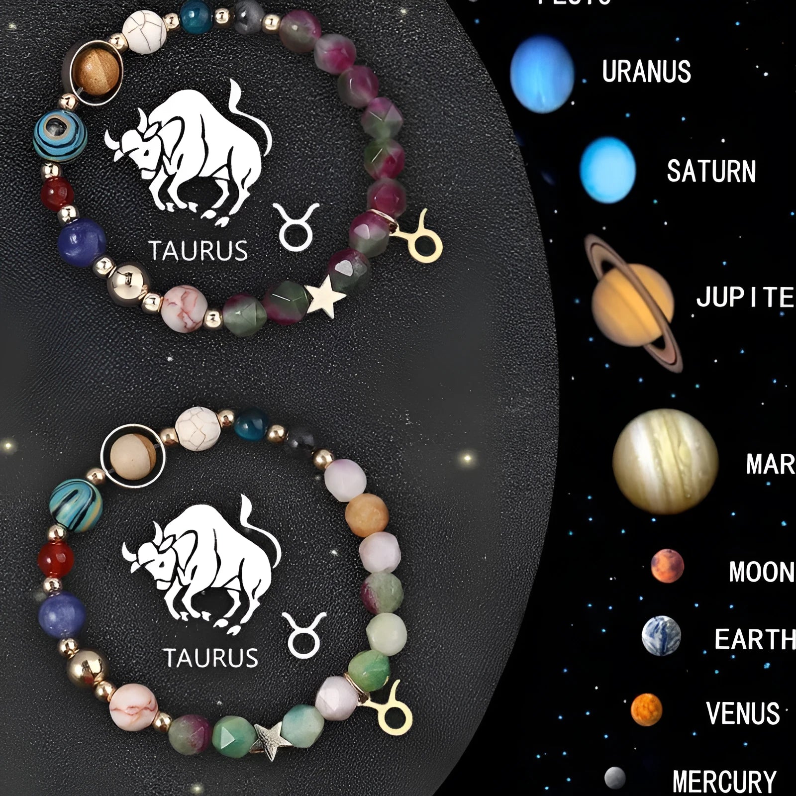 Twelve zodiac sign bracelets with natural stone beads arranged in a circle showing different designs