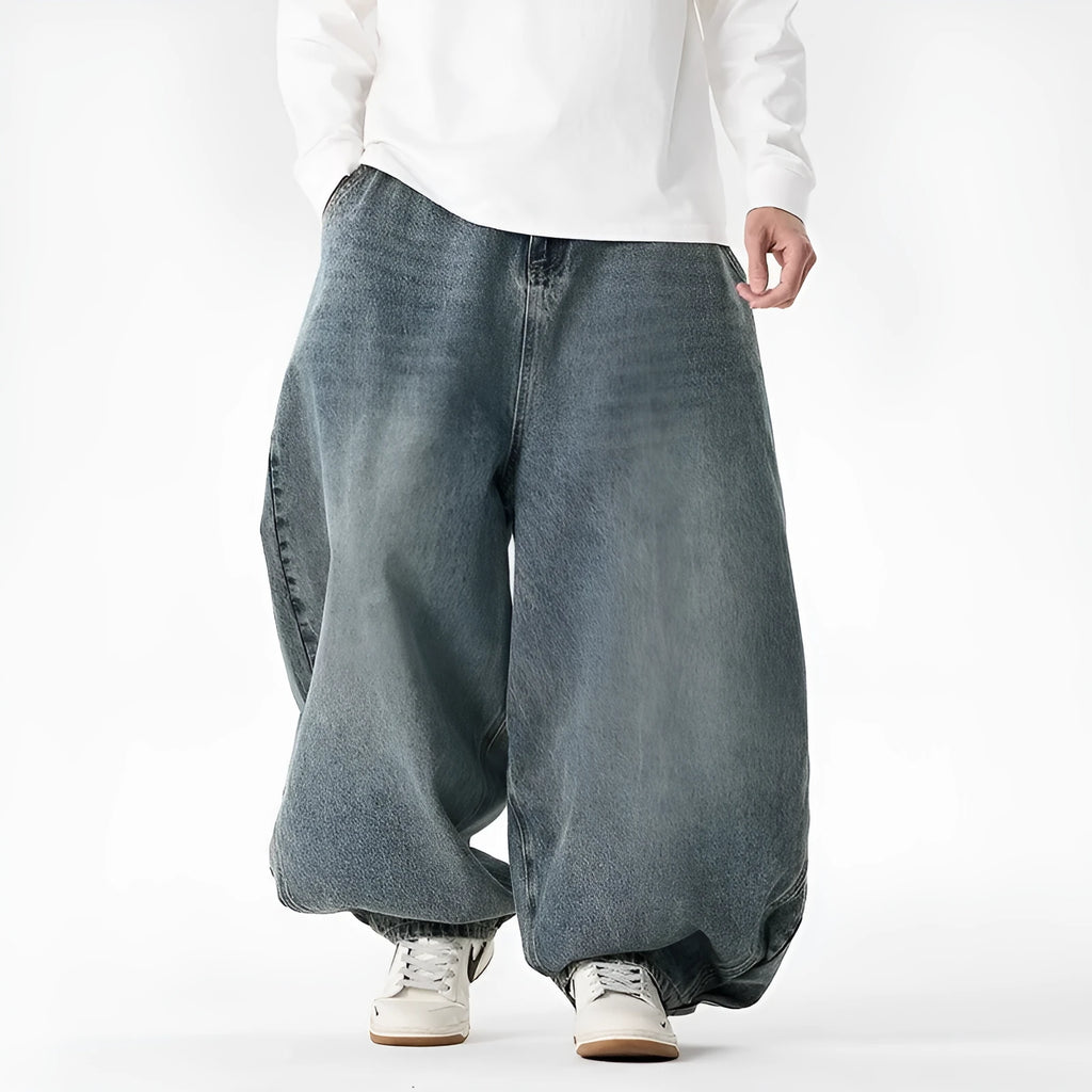 Men's plus size wide leg jeans in cotton denim fabric with straight cut trousers