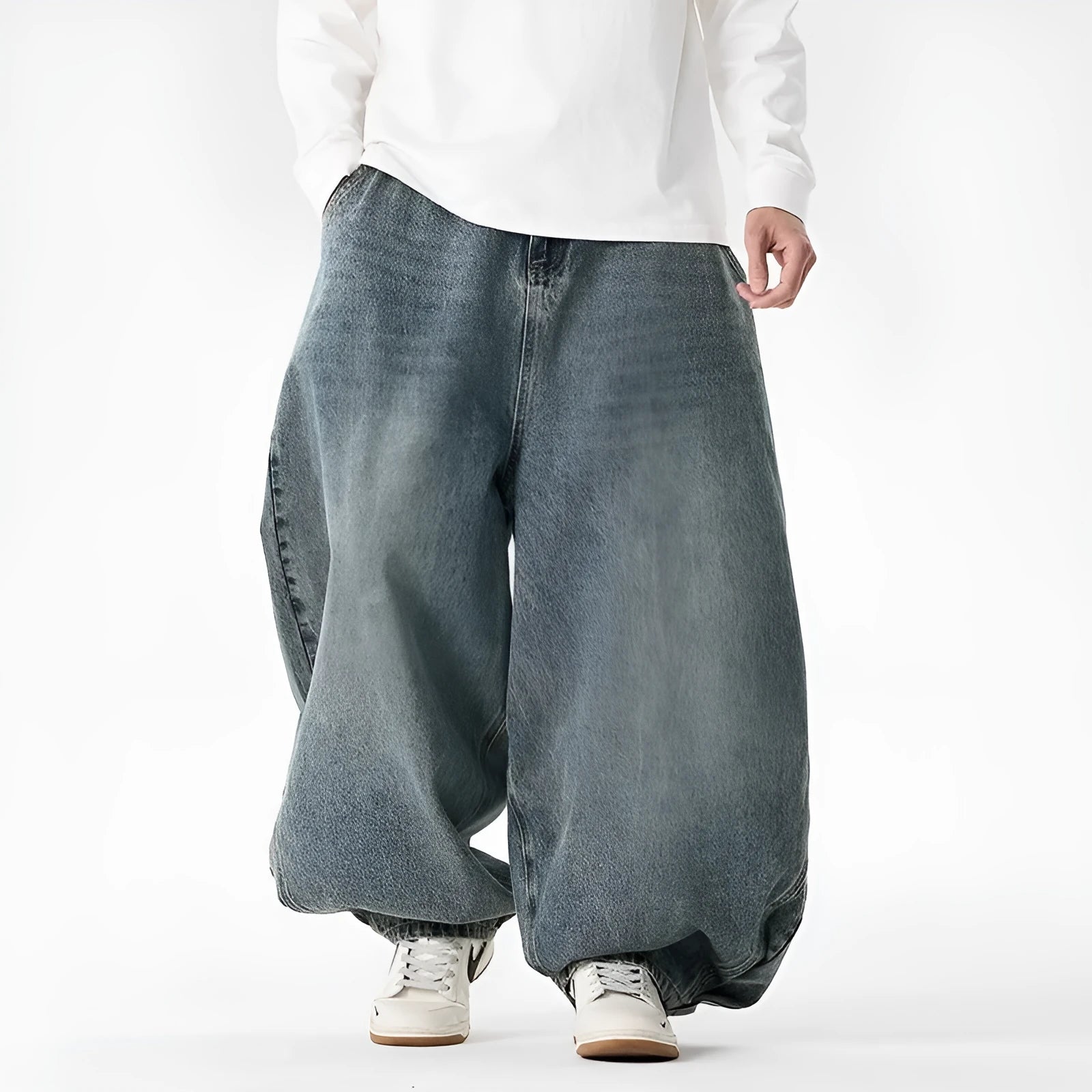 Men's plus size wide leg jeans in cotton denim fabric with straight cut trousers