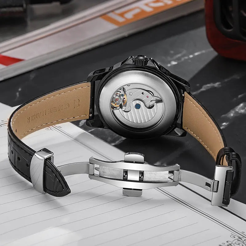 Men's 6060C automatic waterproof luminous watch with steel case and optional leather strap in black or white.