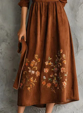 Brown vintage floral embroidered suede-look midi dress in polyester fabric