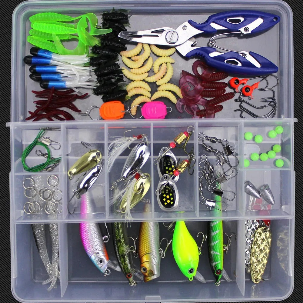 Fishing lure suit set showing soft plastic baits in frog patterns with colour thread inside PP storage box