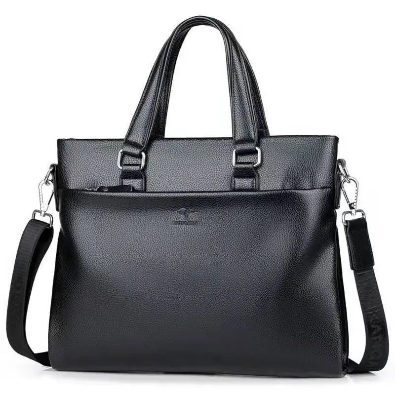 Men's black PU leather messenger bag with splicing design, 35cm wide business shoulder bag