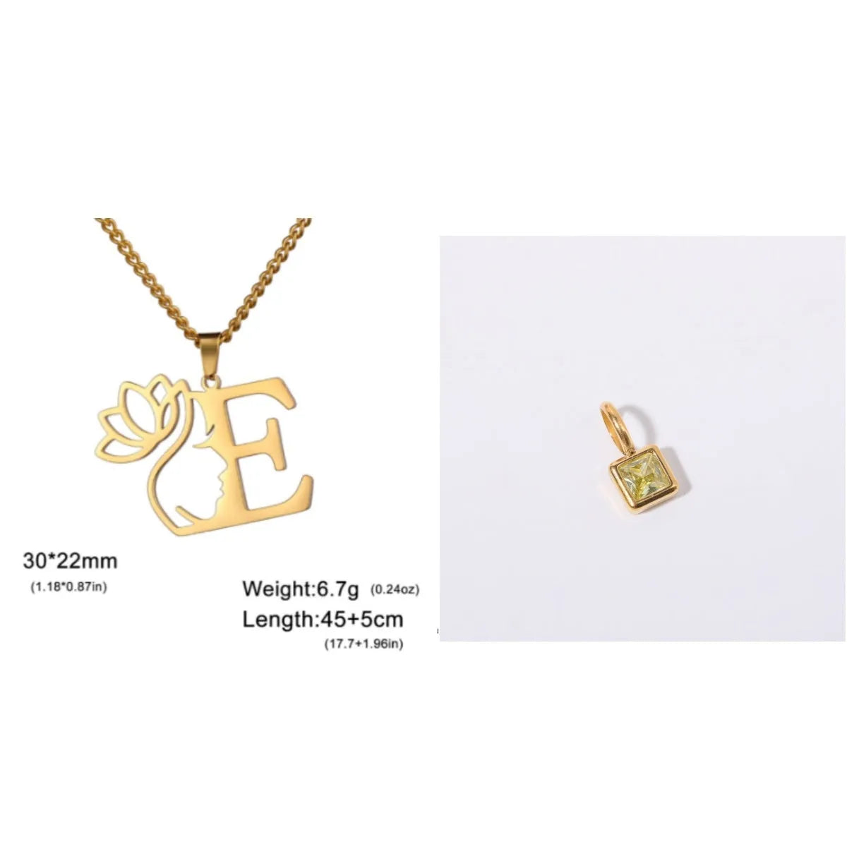 Stainless steel necklace with cross chain design and single letter pendant in gold or silver electroplated finish