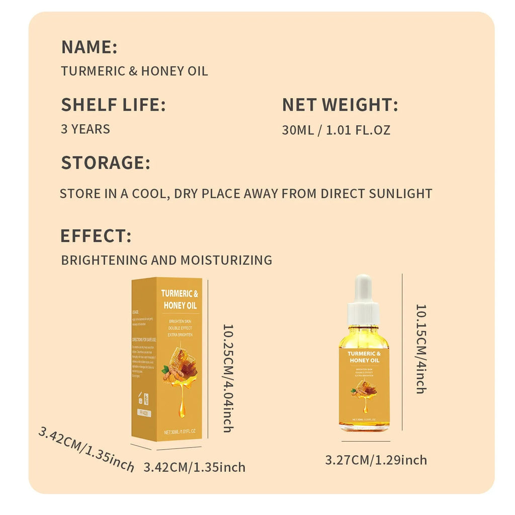 30ml amber glass bottle of turmeric honey essential oil with dropper in neutral packaging