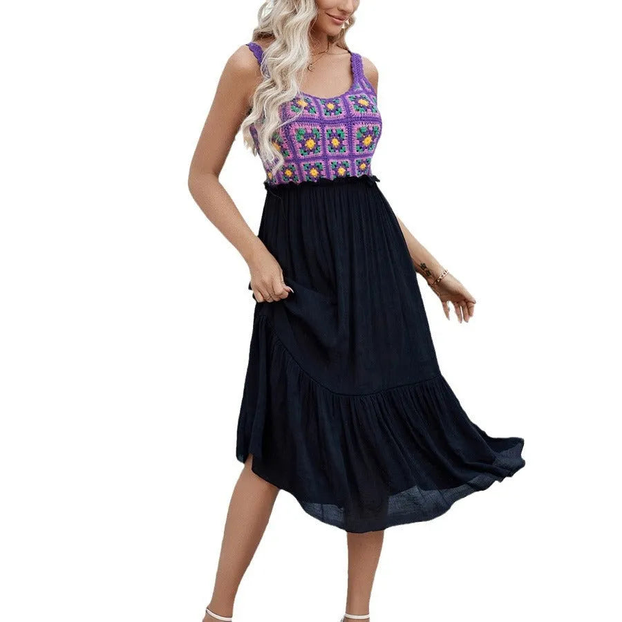 Purple sleeveless dress with hand-hooked flower stitching pattern, cotton blend fabric