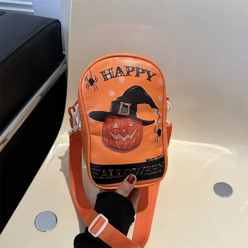 Halloween graffiti phone crossbody bag with cartoon pumpkin ghost bat prints in PU material