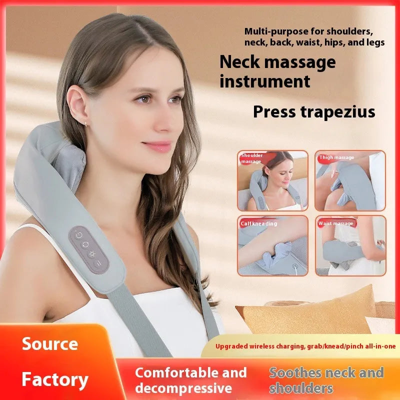 Grey elastic fabric covered neck and back massager with USB charging cable