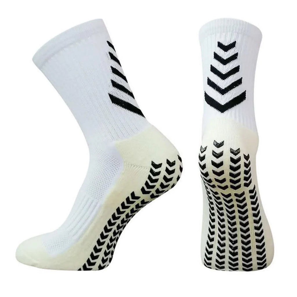 Men's mid-calf athletic socks with geometric patterns and non-slip silicone grip for football and running