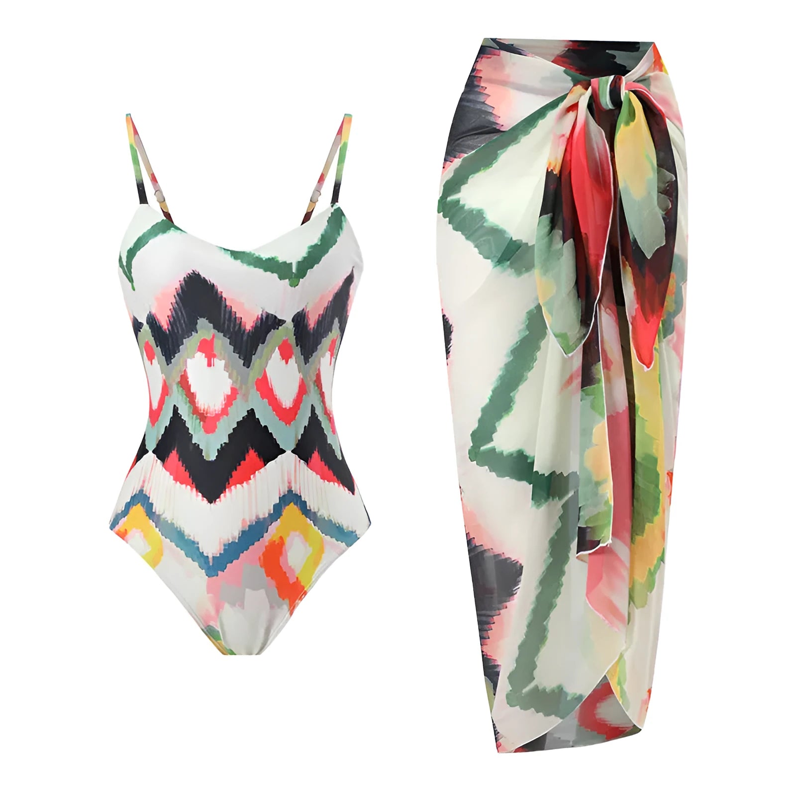 Female two-piece swimsuit with hip skirt in striped pattern, quick-dry polyester fabric