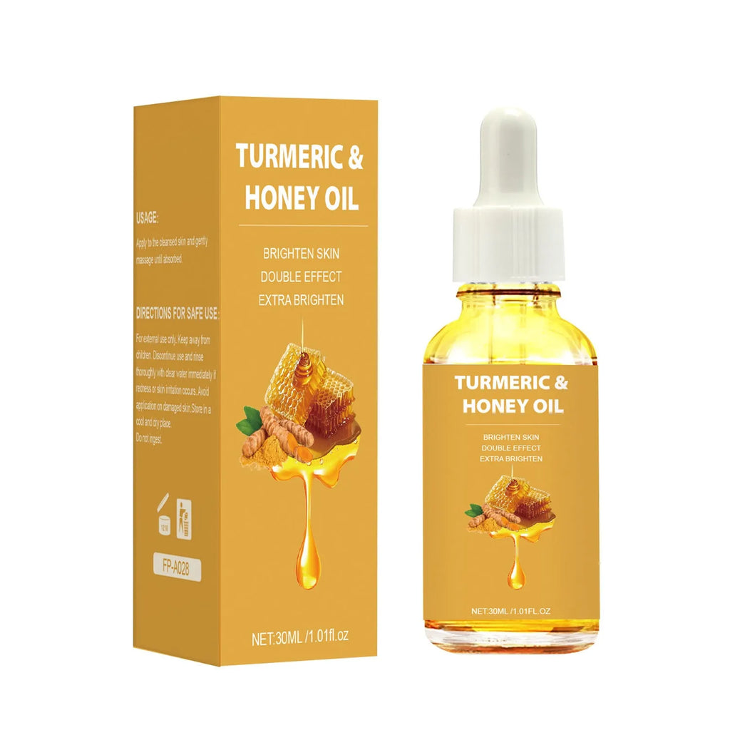 30ml amber glass bottle of turmeric honey essential oil with dropper in neutral packaging