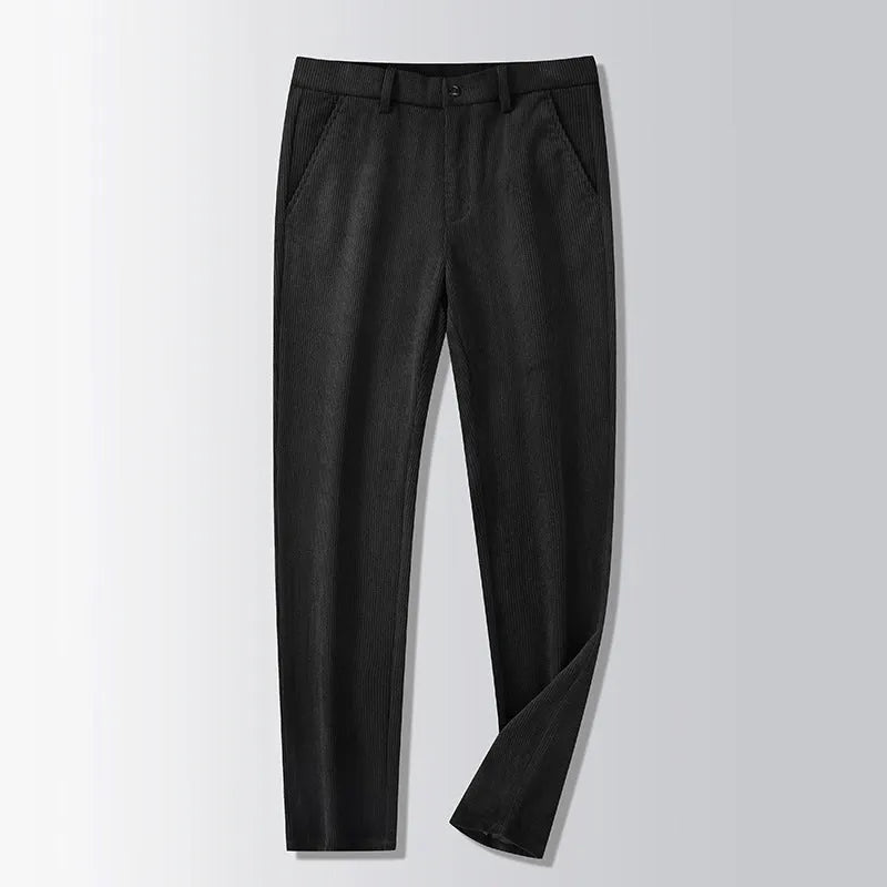 Retro striped straight-leg trousers in khaki colour with zip-fly closure