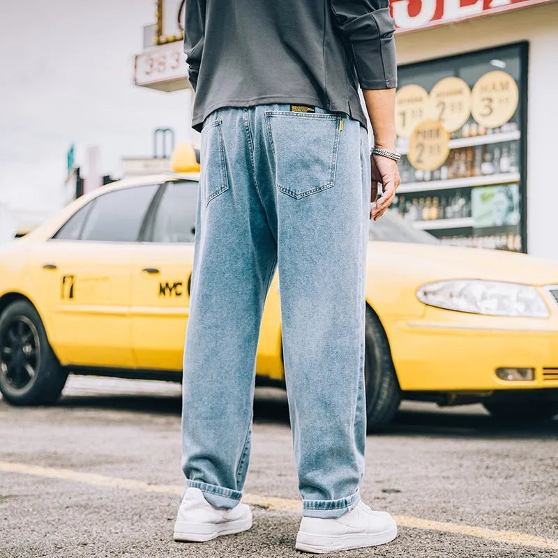 Men's loose straight casual jeans in dark blue, light blue, and grey colour options
