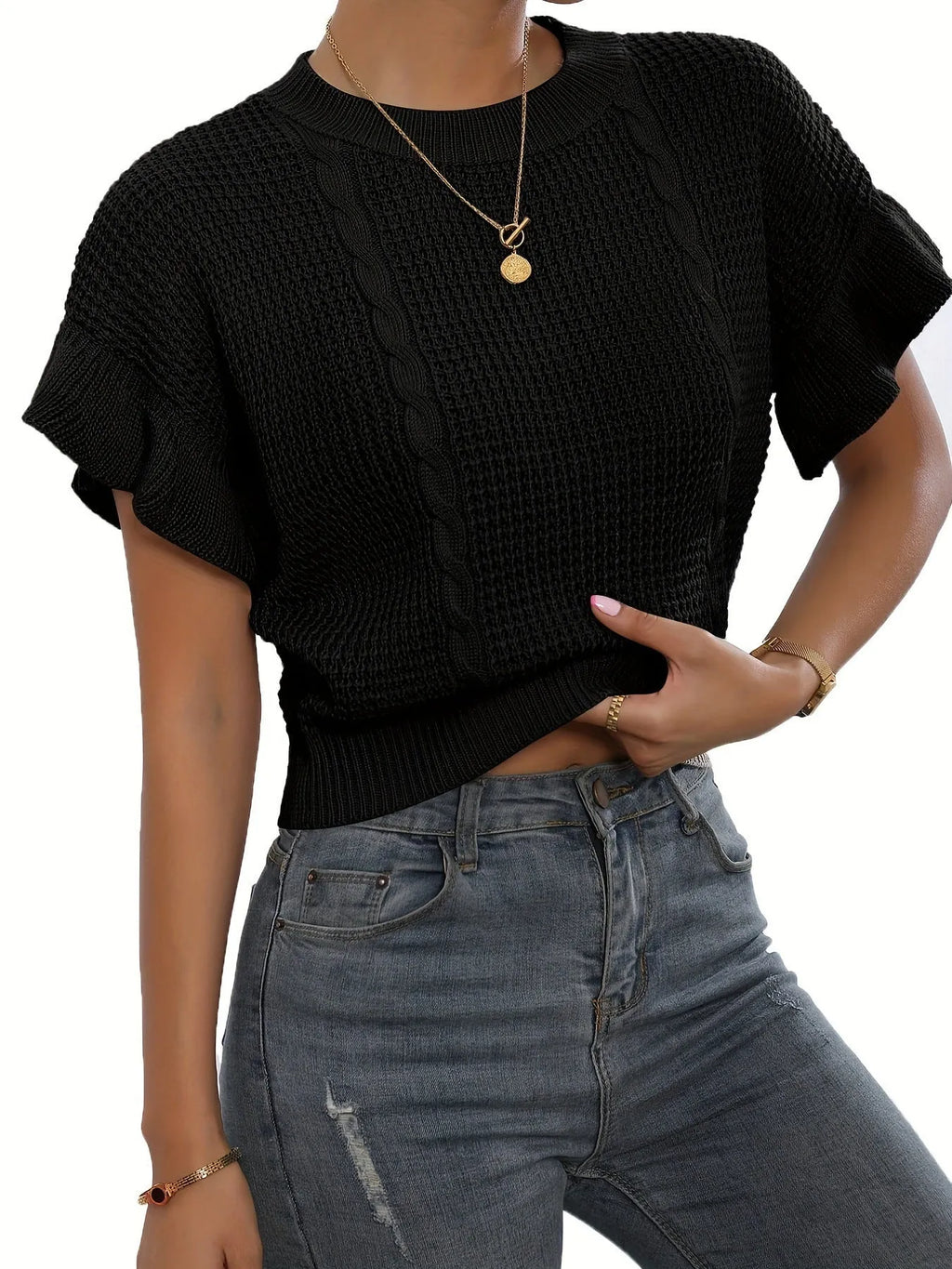 Twisted string detail and ruffled short sleeves on a loose-fit round neck knitted pullover sweater.