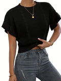Twisted string detail and ruffled short sleeves on a loose-fit round neck knitted pullover sweater.