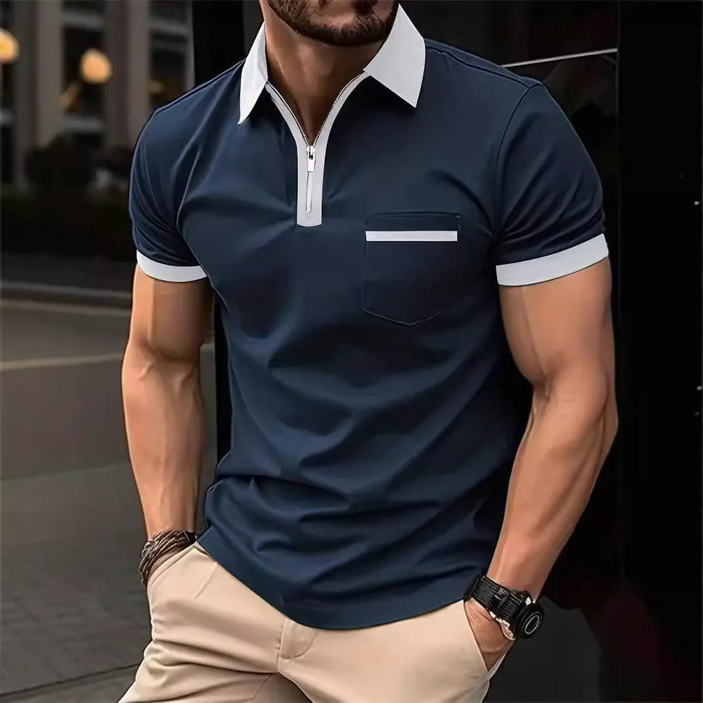 Men's loose-fit casual short-sleeve shirt with a chest pocket and zipper detail on the front.