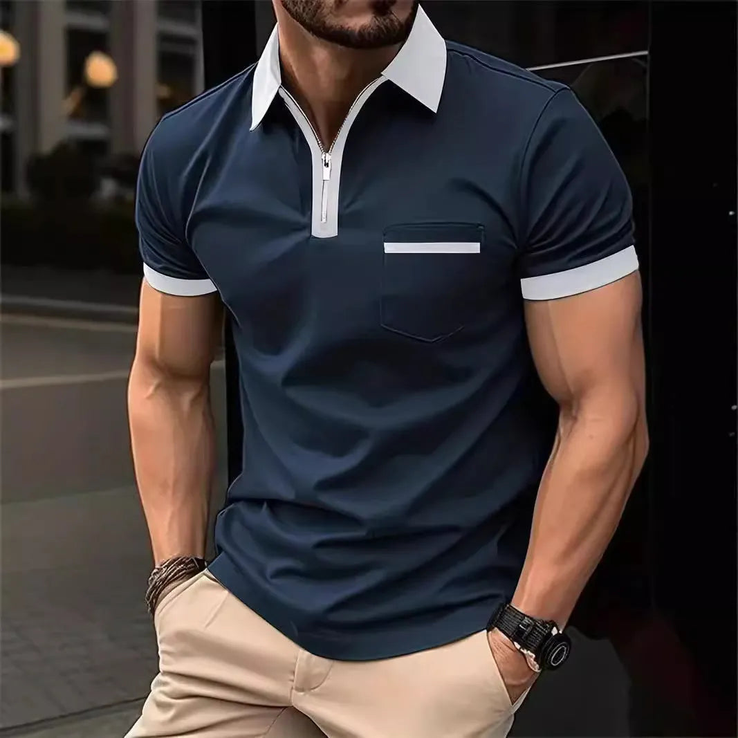Men's loose-fit casual short-sleeve shirt with a chest pocket and zipper detail on the front.