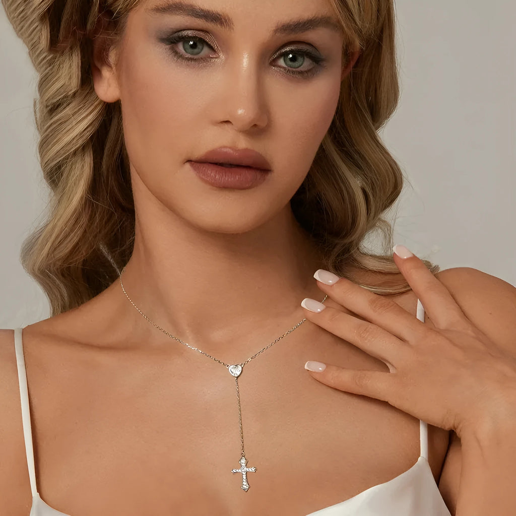 925 silver love cross necklace with V-neck pendant design on O-ring chain for women in BSN384 colour