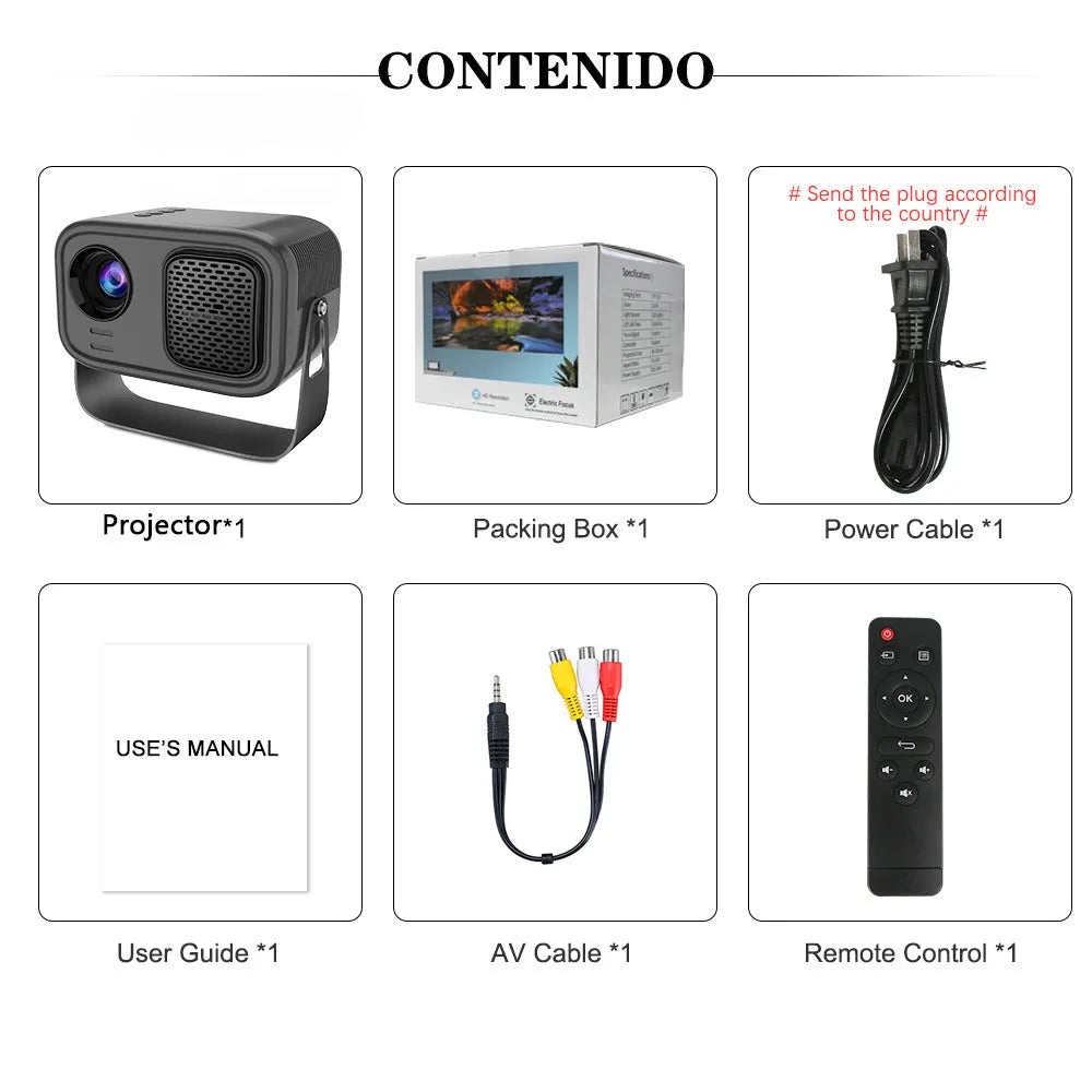 Black HD portable projector with Android system, remote control, and cables on desk