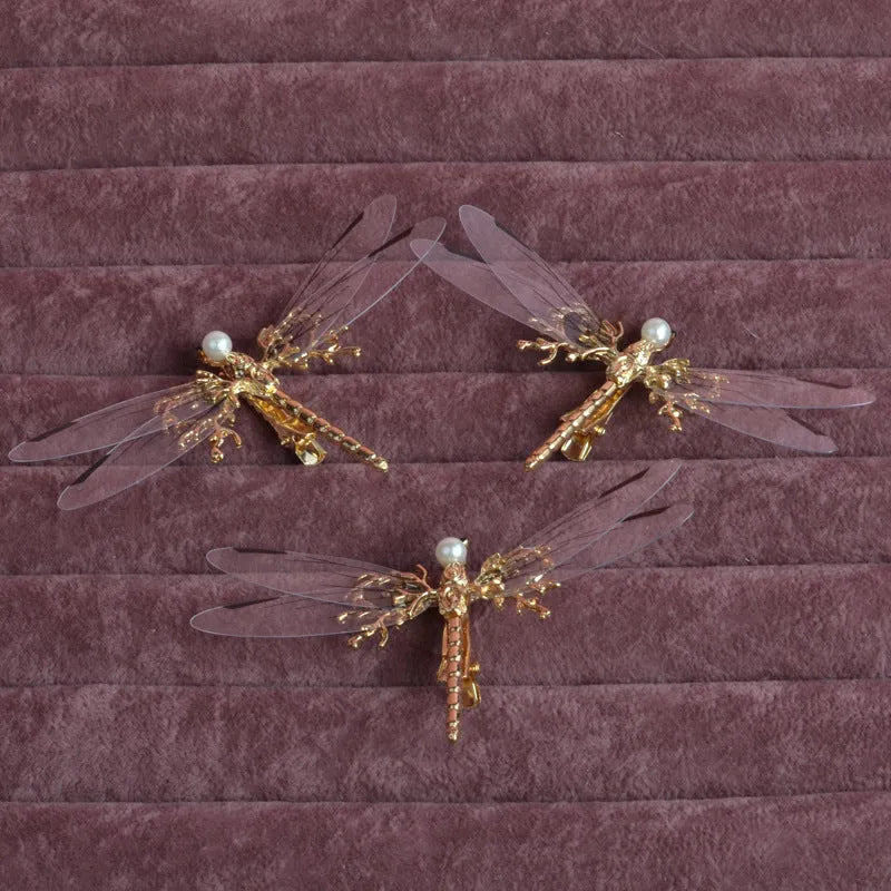 Women's dragonfly-shaped decorative headdress with side hair clip in alloy metal with colourful decorations